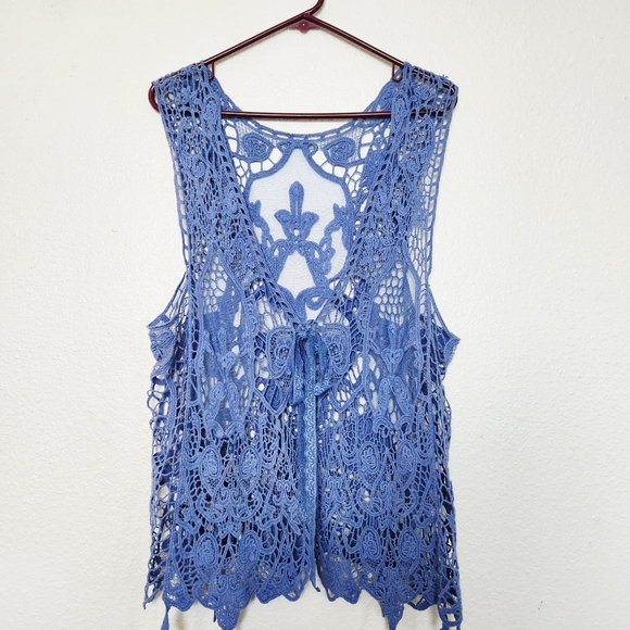 Handmade Jackets & Blazers - Blue Crocheted Lace Vest Tatted Ornate Design Boho Festival Size M